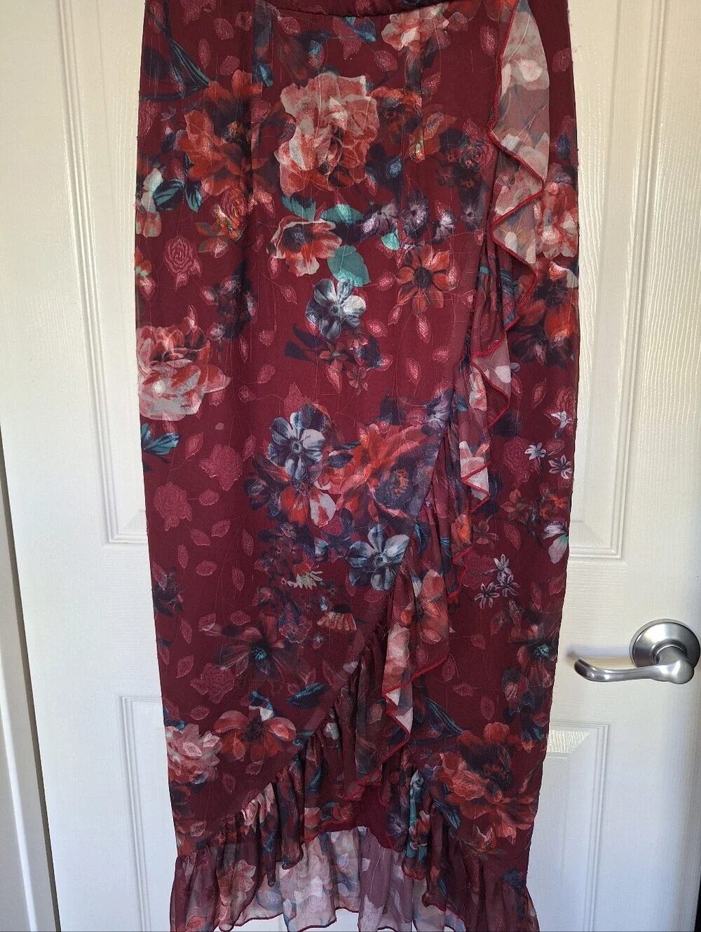 Vone Mireya Floral Ruffle Faux Wrap Midi Dress Burgundy Gold Shimmer US 8